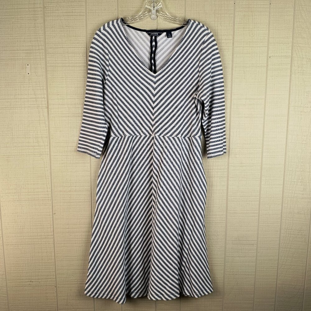 Lands' End Knit Dress Navy White Striped V Neck Fit & Flare Nautical